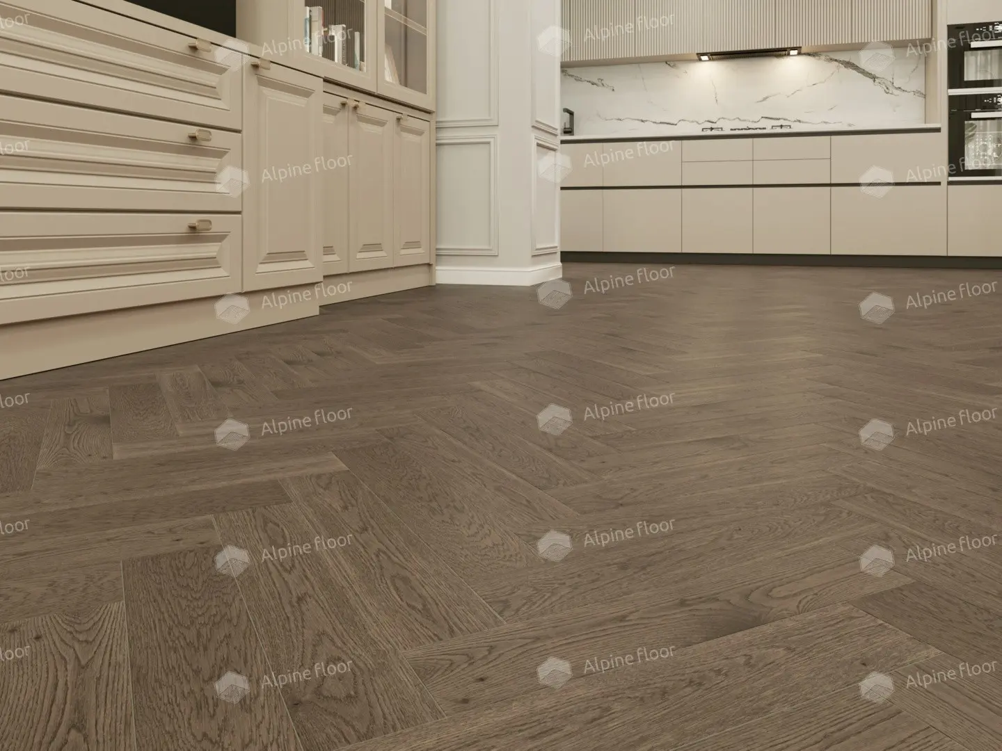 Инженерная доска Alpine Floor Castle Дуб Гранд Каньон EW202-10 венгерская елка 600×120×12 фото в интерьере